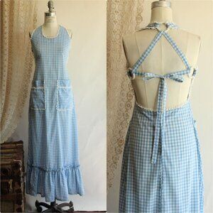 Vintage 1970s Dress with Pockets, Blue Gingham Prairie Maxidress Pinafore